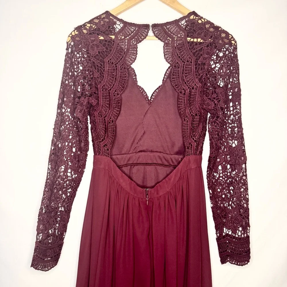 Lulu's Awaken My Love Burgundy Backless Long Sleeve Lace Gown Dress Size Small - Picture 7 of 10